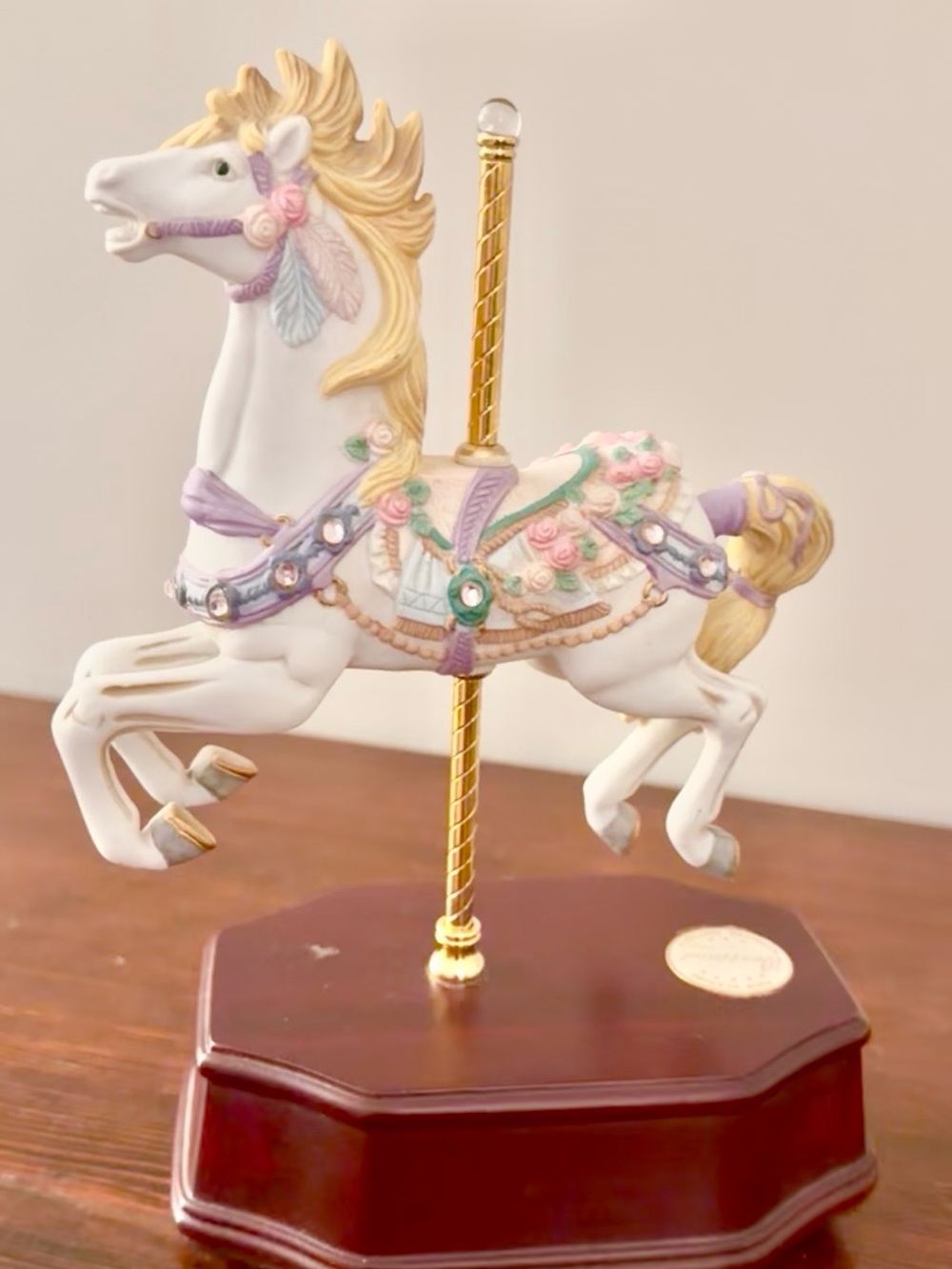 White & Gold Carousel Horse Tabletop Music Ornament - Pastel Accents